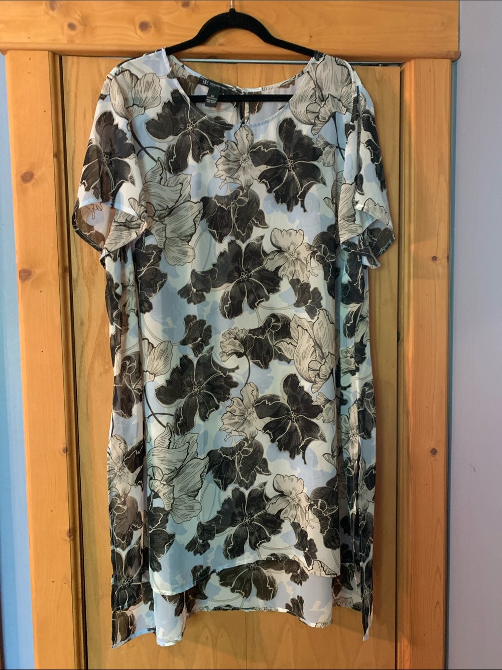 INC International Concepts Blue and Black Floral Sheer Tunic Blouse